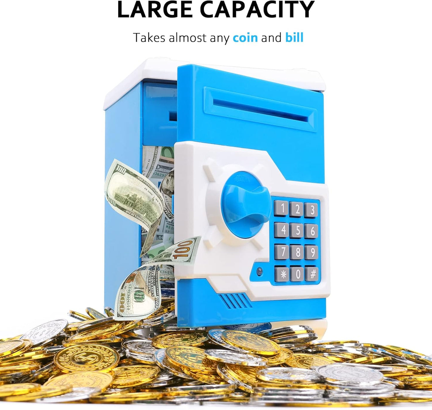 Mini ATM Piggy Bank for Kids - Password Protected Coin Saving Jar with Automatic Bill Slot - Ideal Gift for Boys and Girls (Blue White)