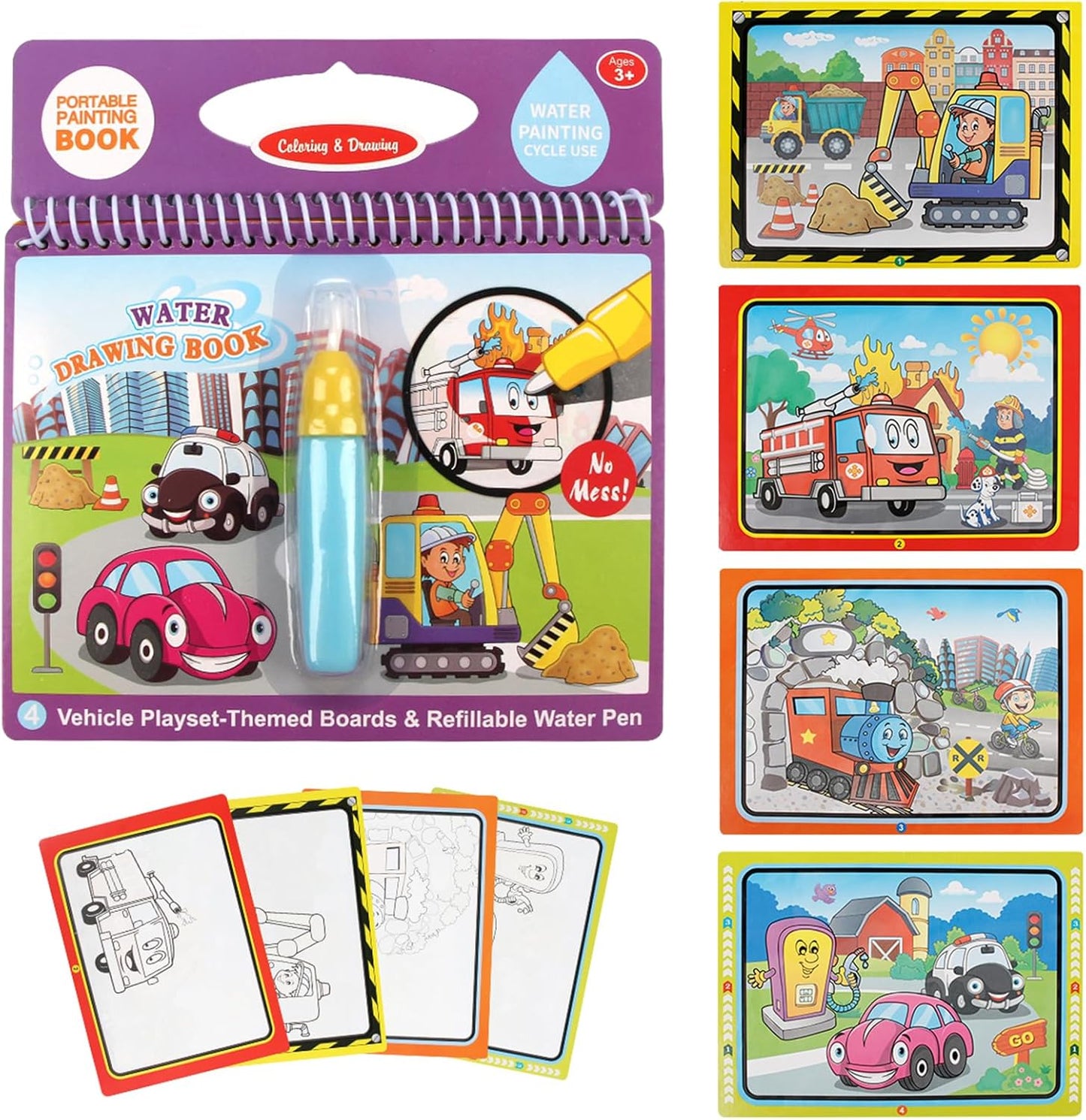 Water Drawing Books, Mess-Free Coloring Books for Toddlers, Water Doodle Painting Board with Pen, Educational Toys Birthday Gift for Kids Girls Boys (Dinosaur & Cartoon & Vehicle)