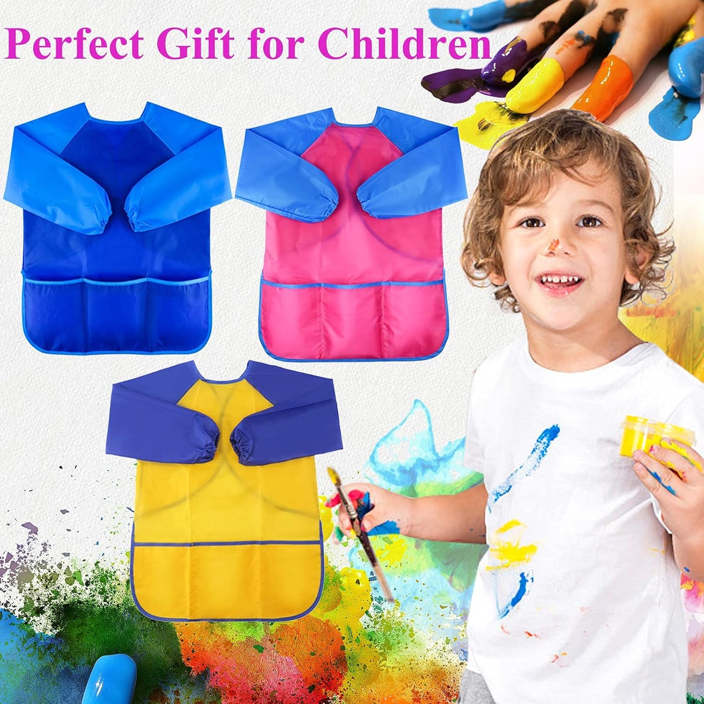 6Pcs Kids Art Smocks Toddler Smocks Waterproof Smock for Kids Painting Colorful Children Aprons Artist Painting Smock Long Sleeves with 3 Roomy Pockets for Children Painting Supplies, Age 3-7 Years