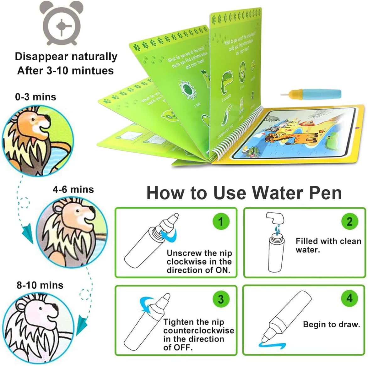 Water Drawing Books, Mess-Free Coloring Books for Toddlers, Water Doodle Painting Board with Pen, Educational Toys Birthday Gift for Kids Girls Boys (Dinosaur & Cartoon & Vehicle)