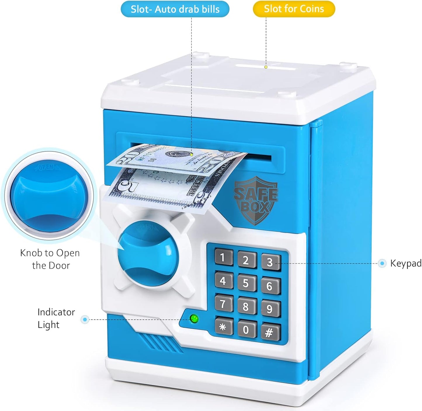 Mini ATM Piggy Bank for Kids - Password Protected Coin Saving Jar with Automatic Bill Slot - Ideal Gift for Boys and Girls (Blue White)
