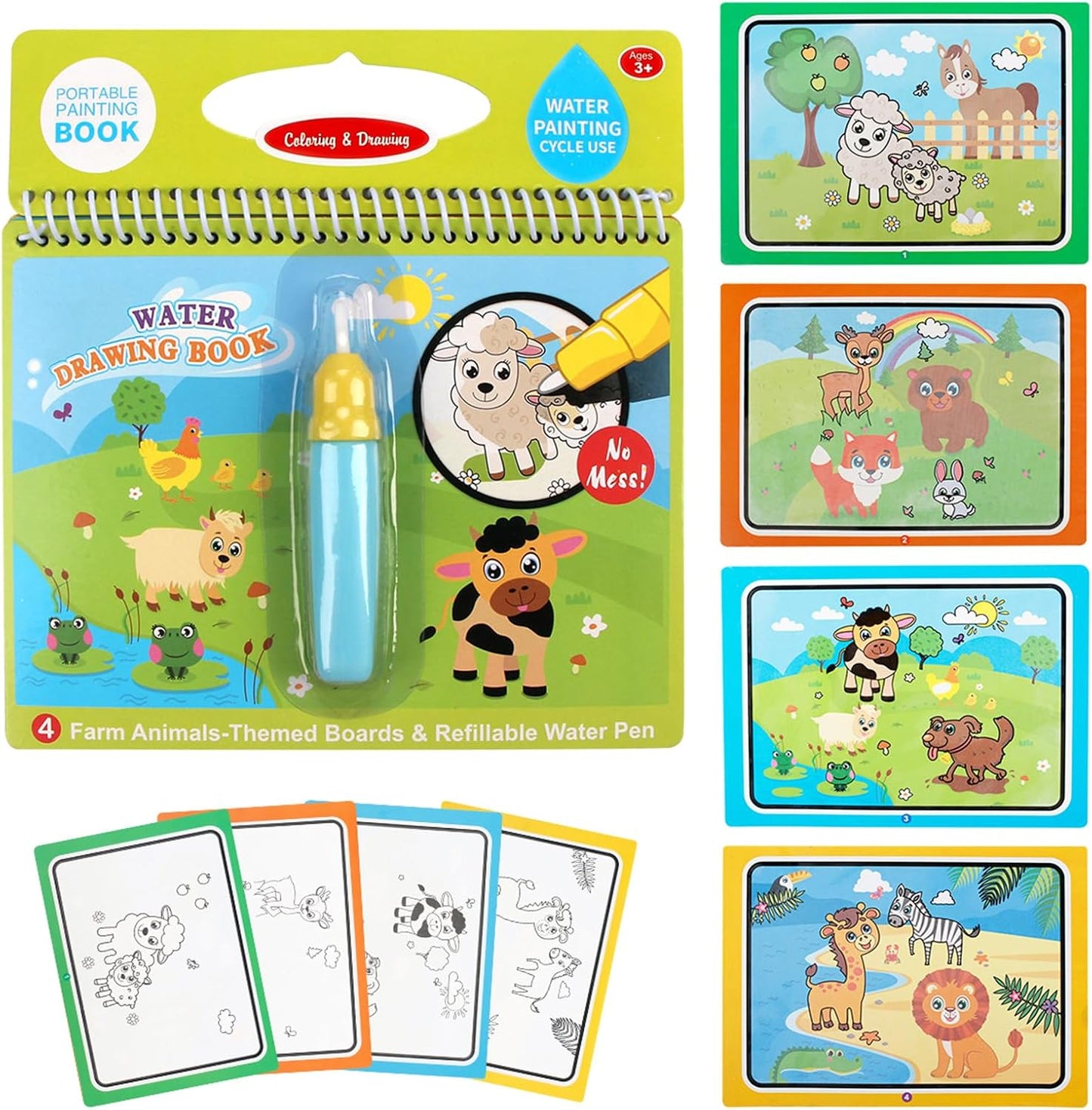 Water Drawing Books, Mess-Free Coloring Books for Toddlers, Water Doodle Painting Board with Pen, Educational Toys Birthday Gift for Kids Girls Boys (Dinosaur & Cartoon & Vehicle)
