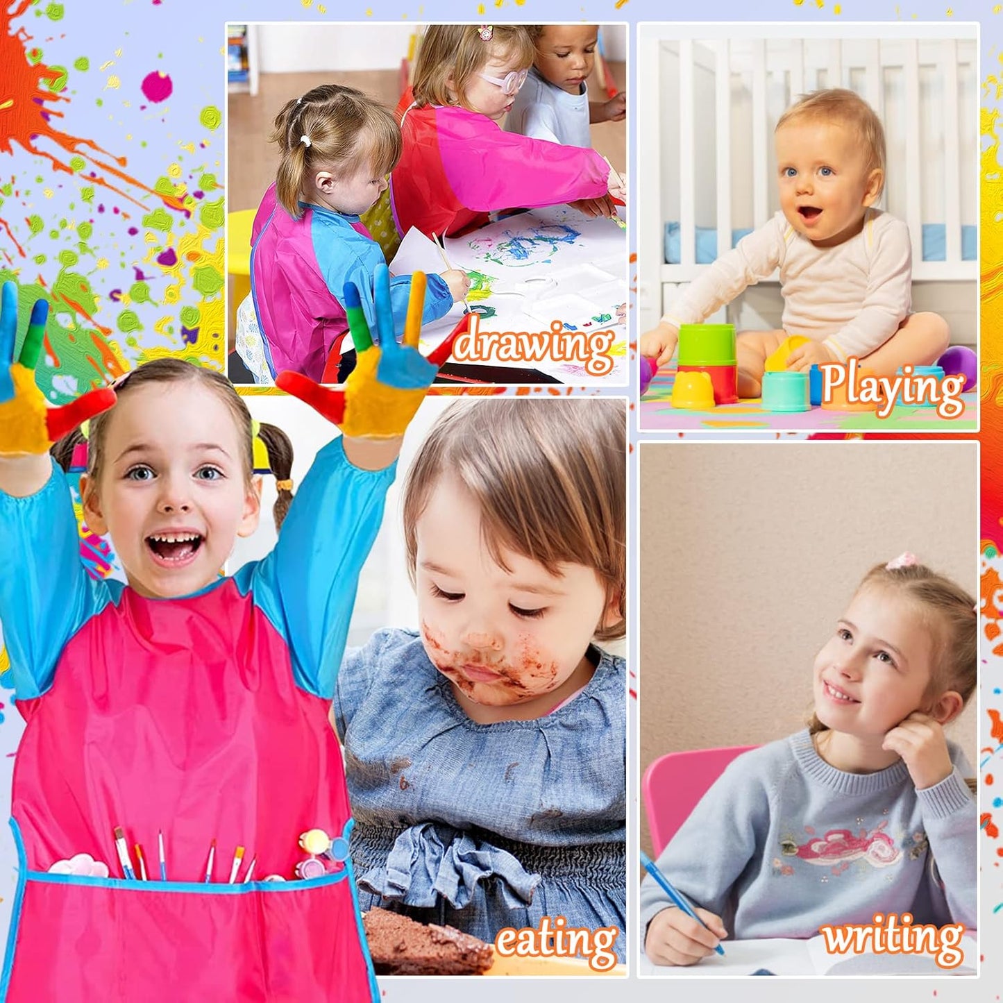 6Pcs Kids Art Smocks Toddler Smocks Waterproof Smock for Kids Painting Colorful Children Aprons Artist Painting Smock Long Sleeves with 3 Roomy Pockets for Children Painting Supplies, Age 3-7 Years