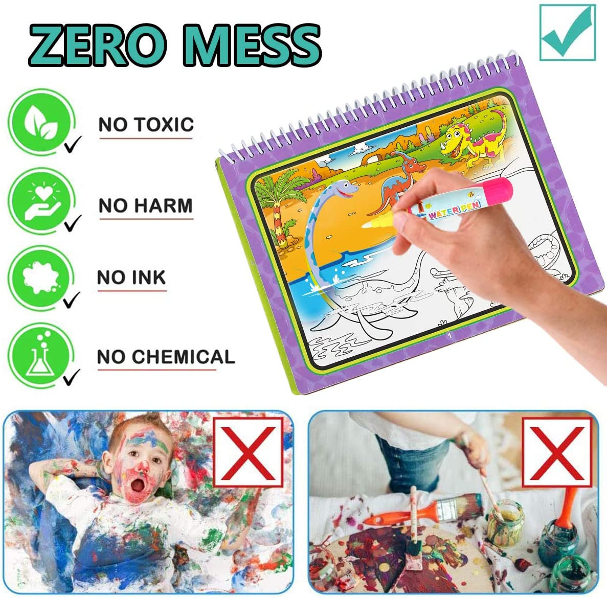 Water Drawing Books, Mess-Free Coloring Books for Toddlers, Water Doodle Painting Board with Pen, Educational Toys Birthday Gift for Kids Girls Boys (Dinosaur & Cartoon & Vehicle)