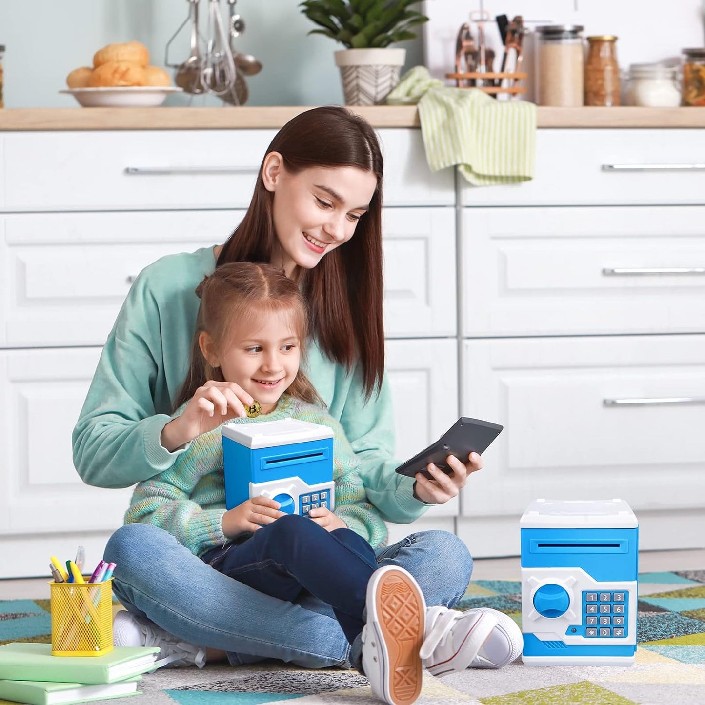 Mini ATM Piggy Bank for Kids - Password Protected Coin Saving Jar with Automatic Bill Slot - Ideal Gift for Boys and Girls (Blue White)
