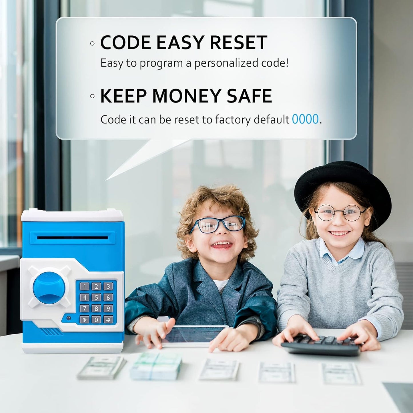 Mini ATM Piggy Bank for Kids - Password Protected Coin Saving Jar with Automatic Bill Slot - Ideal Gift for Boys and Girls (Blue White)