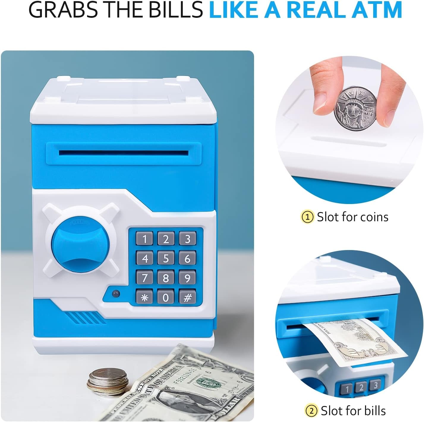Mini ATM Piggy Bank for Kids - Password Protected Coin Saving Jar with Automatic Bill Slot - Ideal Gift for Boys and Girls (Blue White)