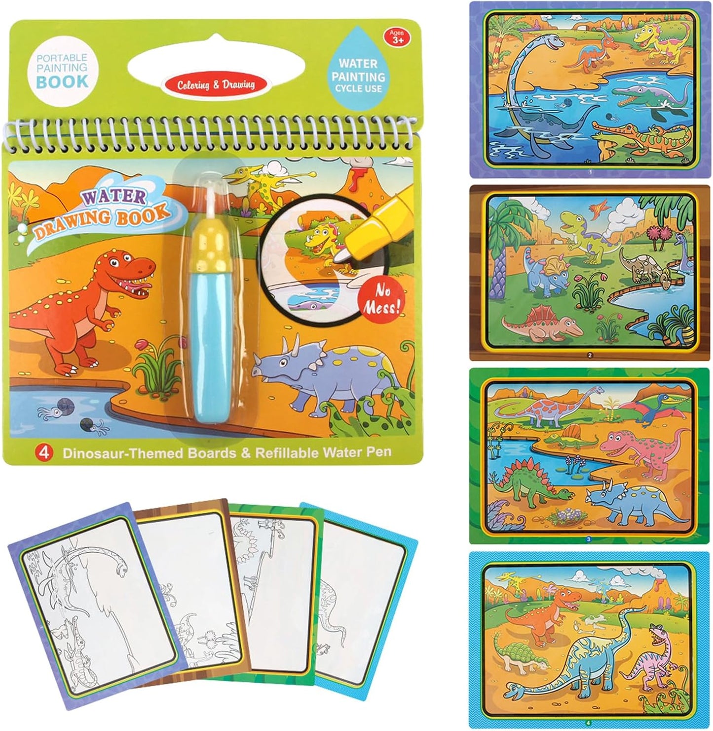 Water Drawing Books, Mess-Free Coloring Books for Toddlers, Water Doodle Painting Board with Pen, Educational Toys Birthday Gift for Kids Girls Boys (Dinosaur & Cartoon & Vehicle)