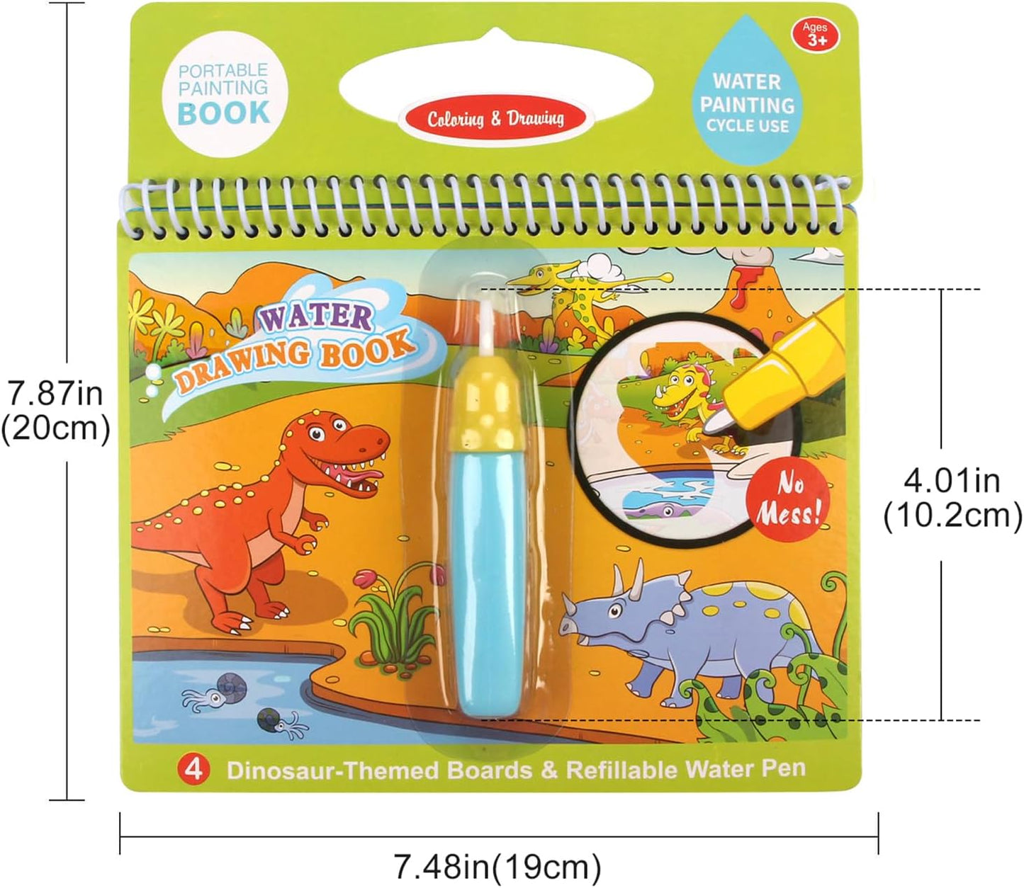 Water Drawing Books, Mess-Free Coloring Books for Toddlers, Water Doodle Painting Board with Pen, Educational Toys Birthday Gift for Kids Girls Boys (Dinosaur & Cartoon & Vehicle)