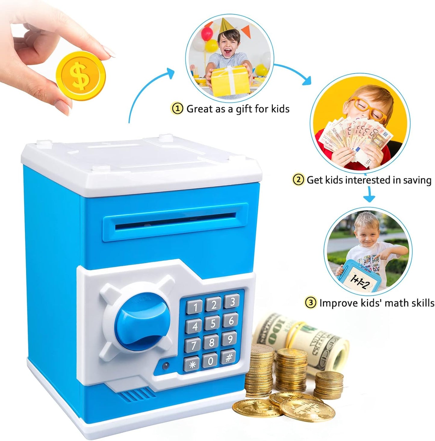 Mini ATM Piggy Bank for Kids - Password Protected Coin Saving Jar with Automatic Bill Slot - Ideal Gift for Boys and Girls (Blue White)