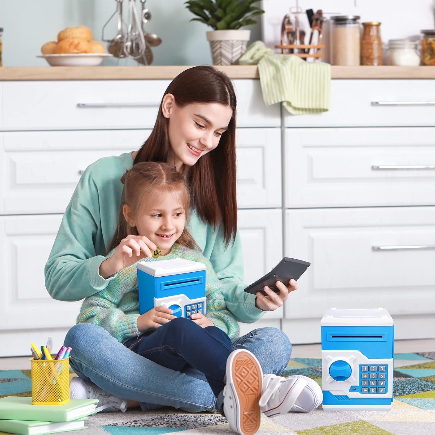 Mini ATM Piggy Bank for Kids - Password Protected Coin Saving Jar with Automatic Bill Slot - Ideal Gift for Boys and Girls (Blue White)