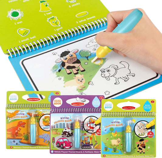 Water Drawing Books, Mess-Free Coloring Books for Toddlers, Water Doodle Painting Board with Pen, Educational Toys Birthday Gift for Kids Girls Boys (Dinosaur & Cartoon & Vehicle)