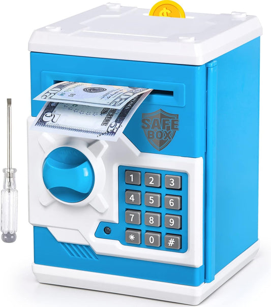 Mini ATM Piggy Bank for Kids - Password Protected Coin Saving Jar with Automatic Bill Slot - Ideal Gift for Boys and Girls (Blue White)